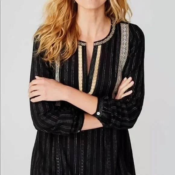 J Jill Peasant Blouse XS Black White Stripe Lace - Picture 12 of 14